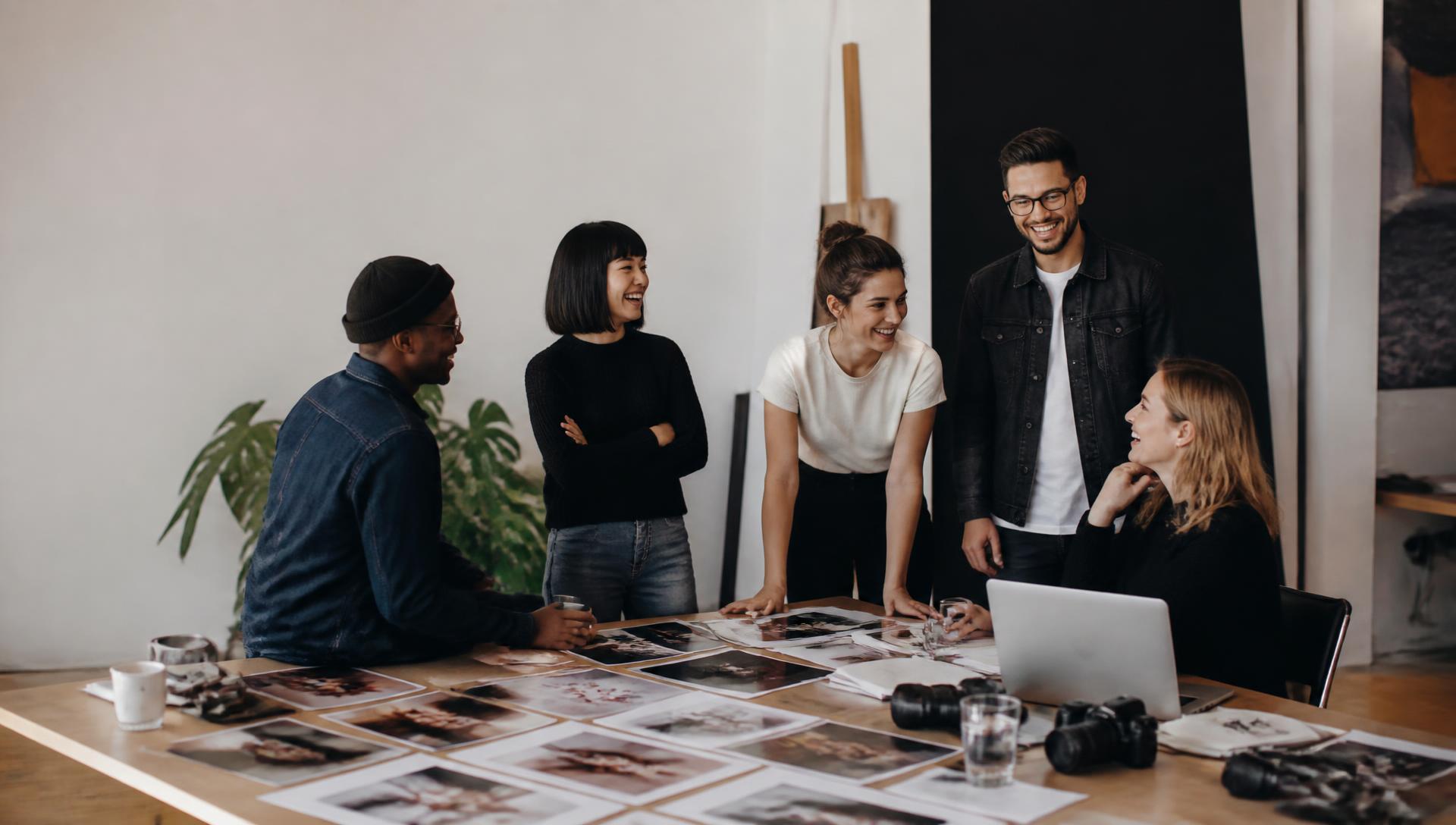 A marketing team reviewing printed campaign work together in a studio